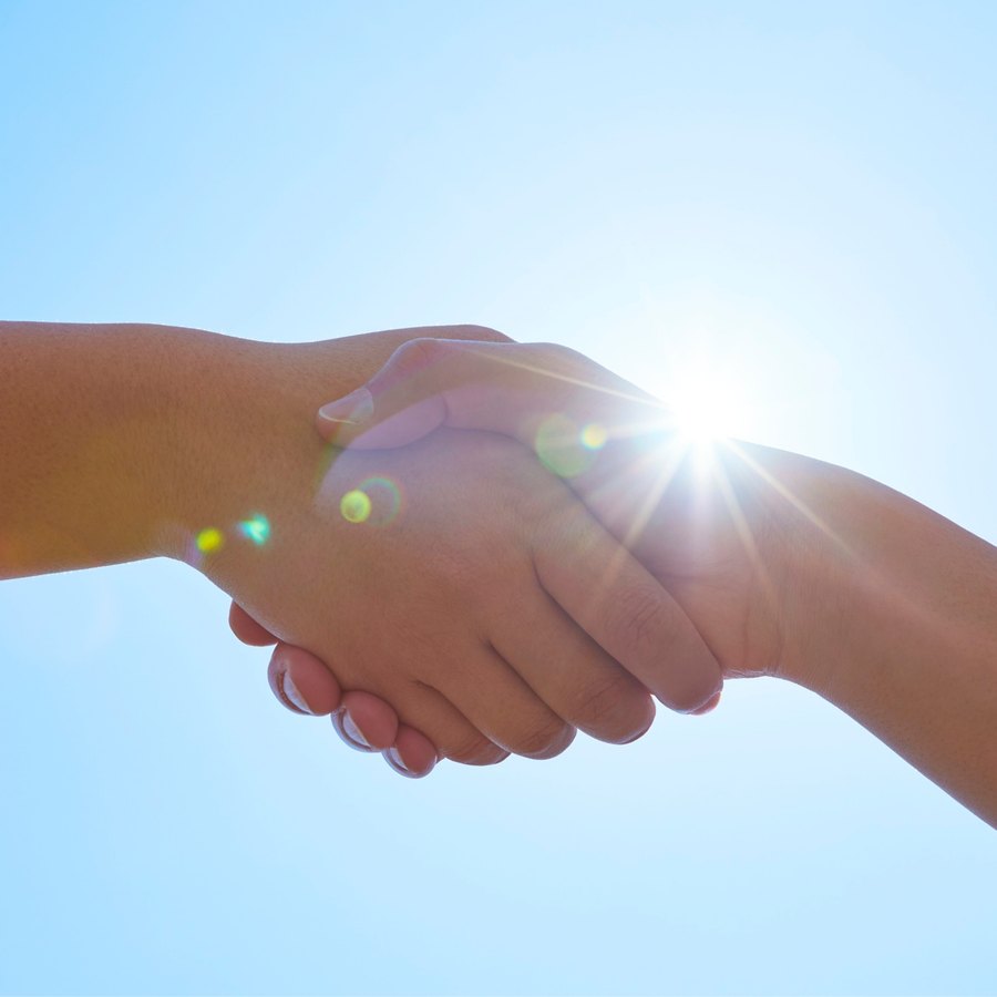 Two people shaking hands against a bright sky