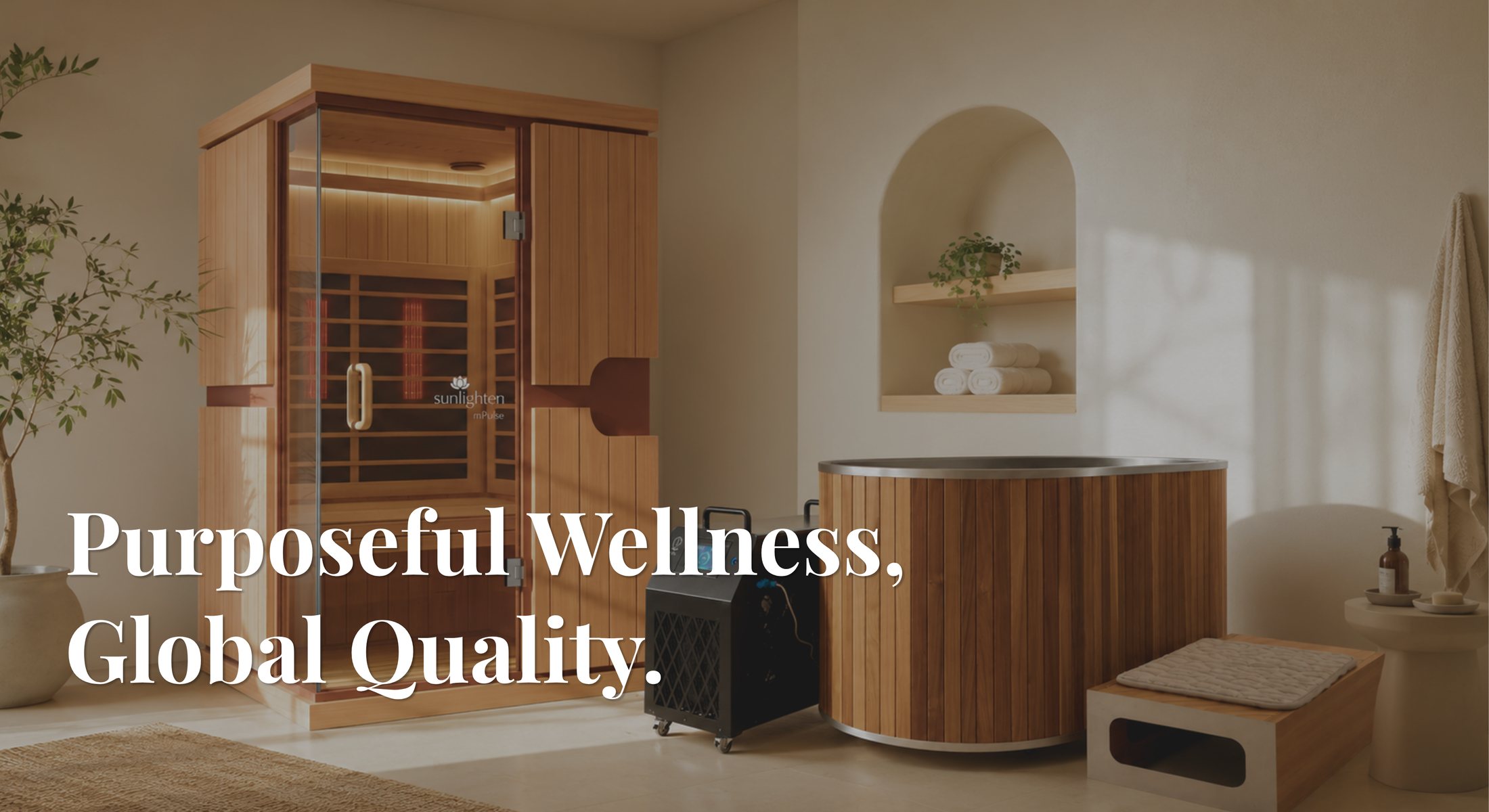 Purposeful Wellness, Global Quality. — a Sunlighten infrared sauna and QuadraLife soaking tub in a calm, light-filled wellness room