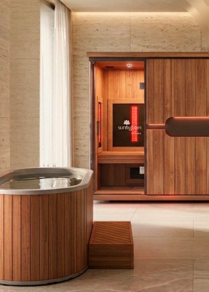 Infrared sauna and cold plunge tub in a spa setting