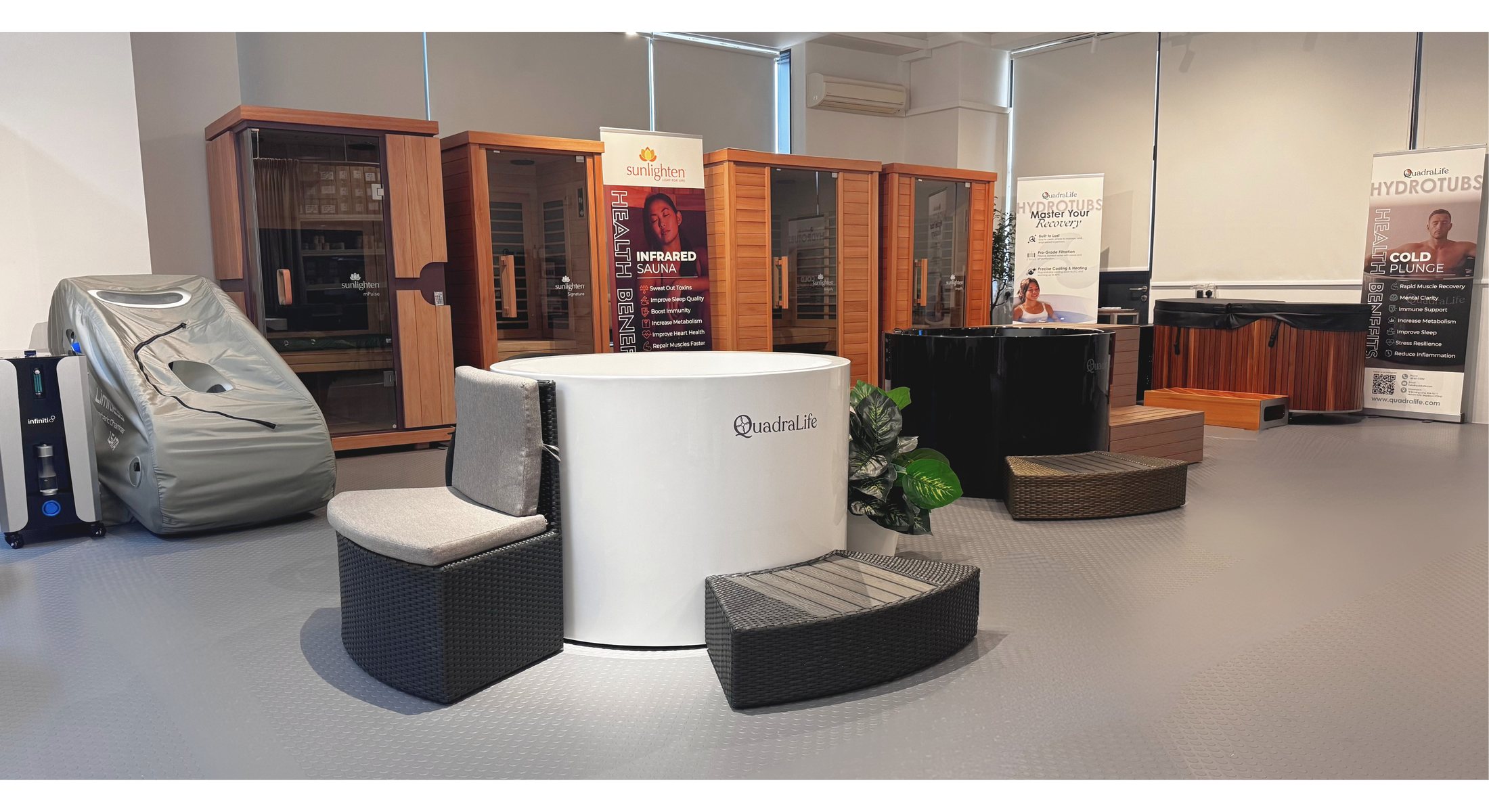 The Growing Group showroom in Midview City, lined with infrared saunas, cold plunge tubs and recovery equipment